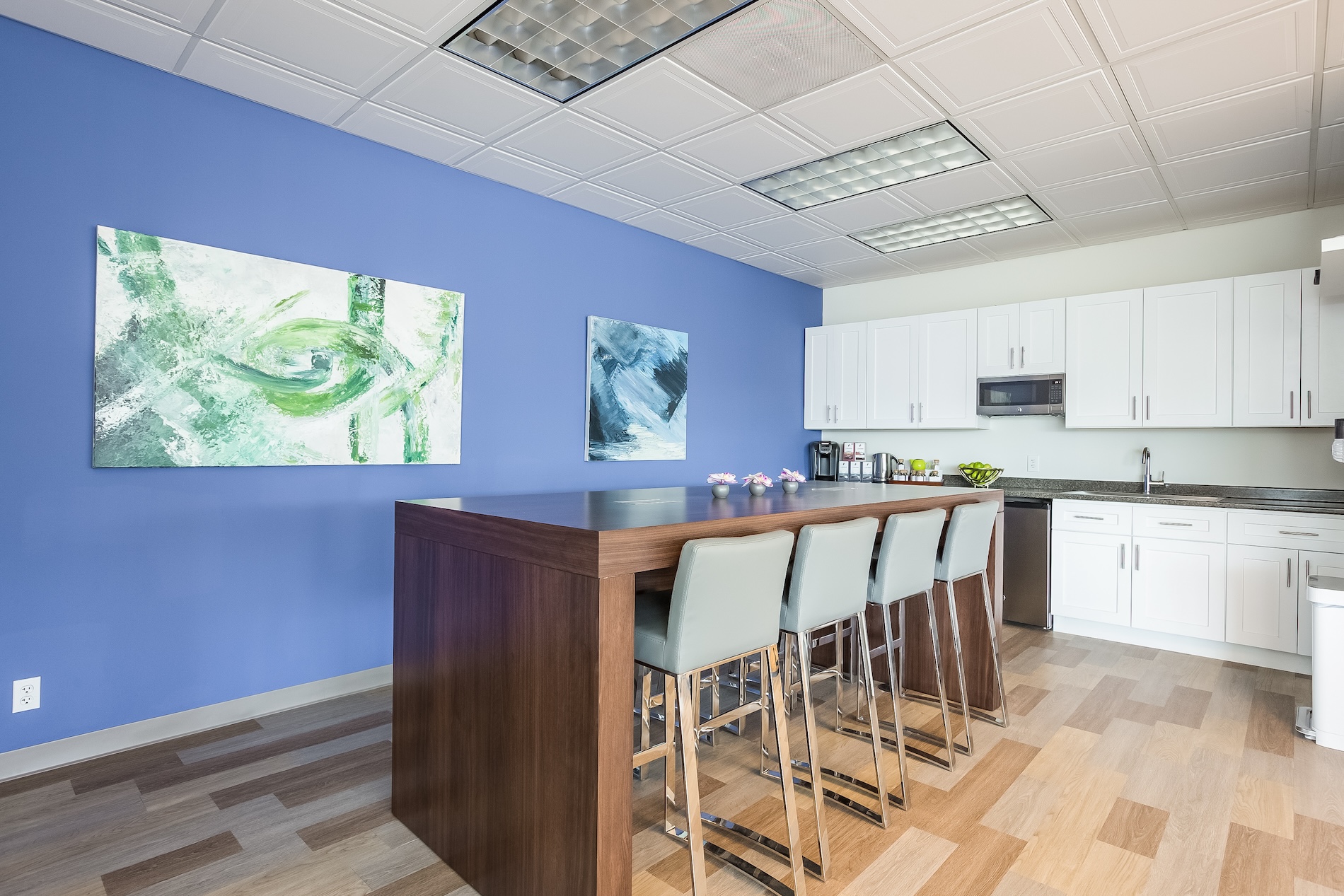 corporate office interior design bright blue accent wall