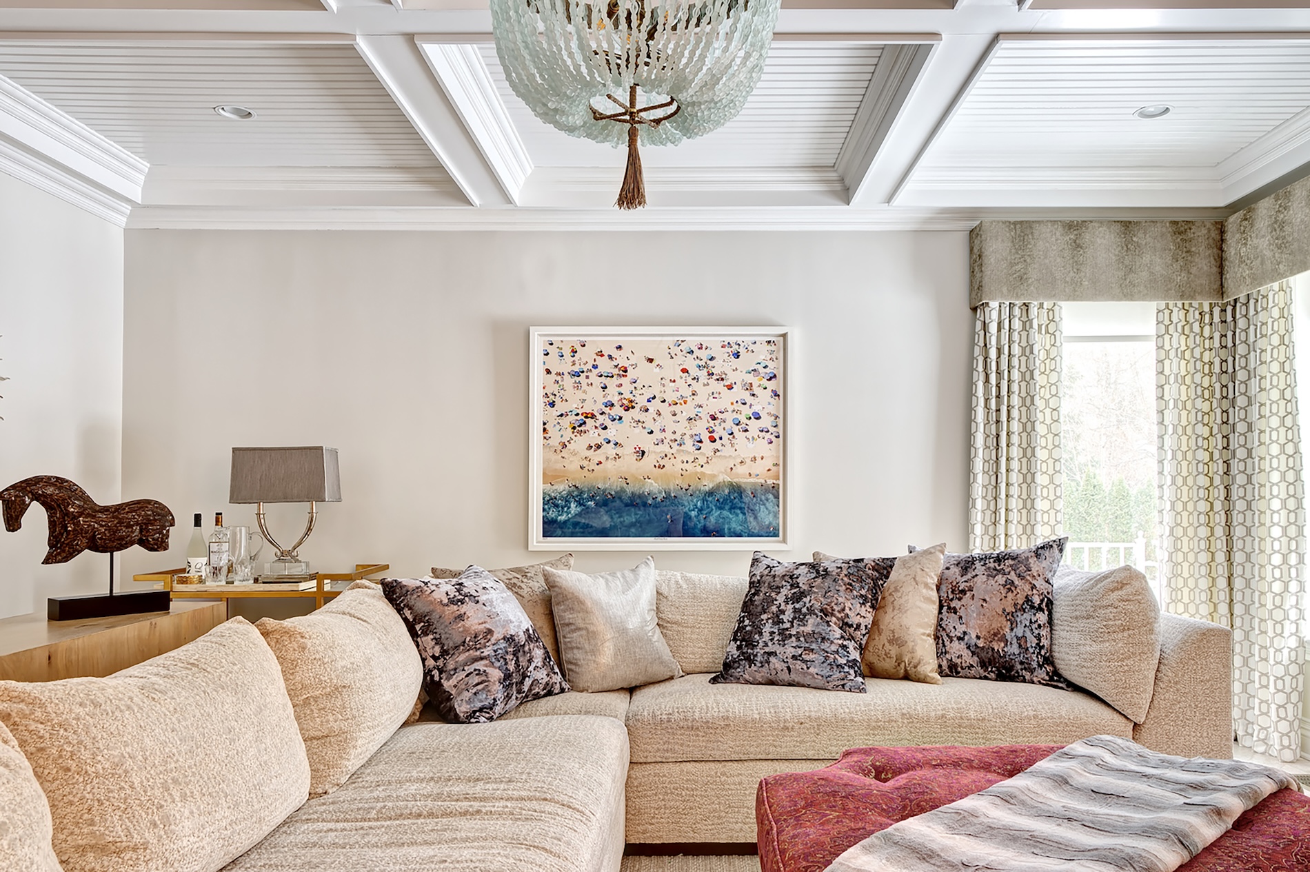 Family Room Interior Design With Coffered Ceiling