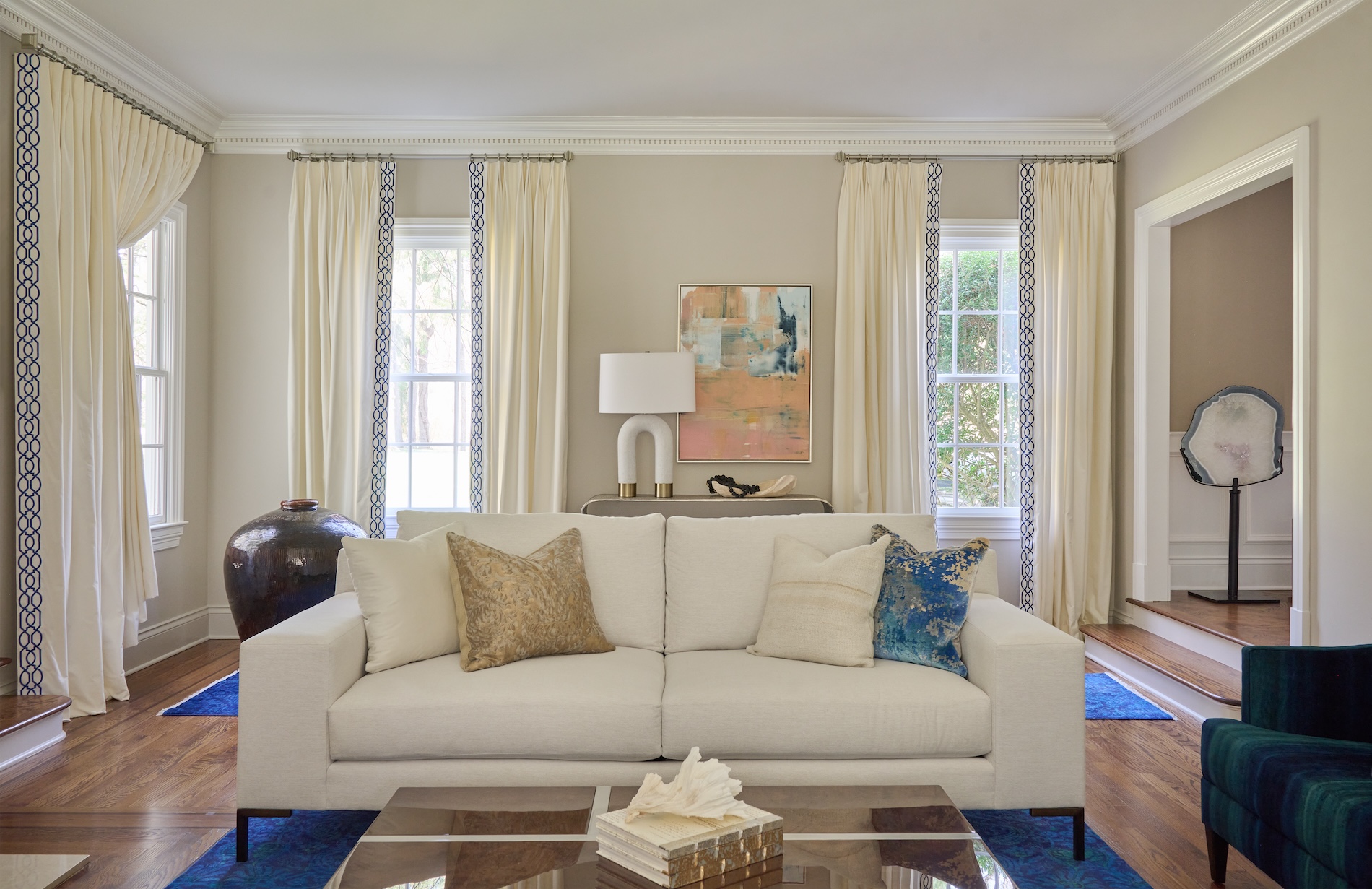 Living Room Cream Sofa Accent Pillows Custom Window Treatments