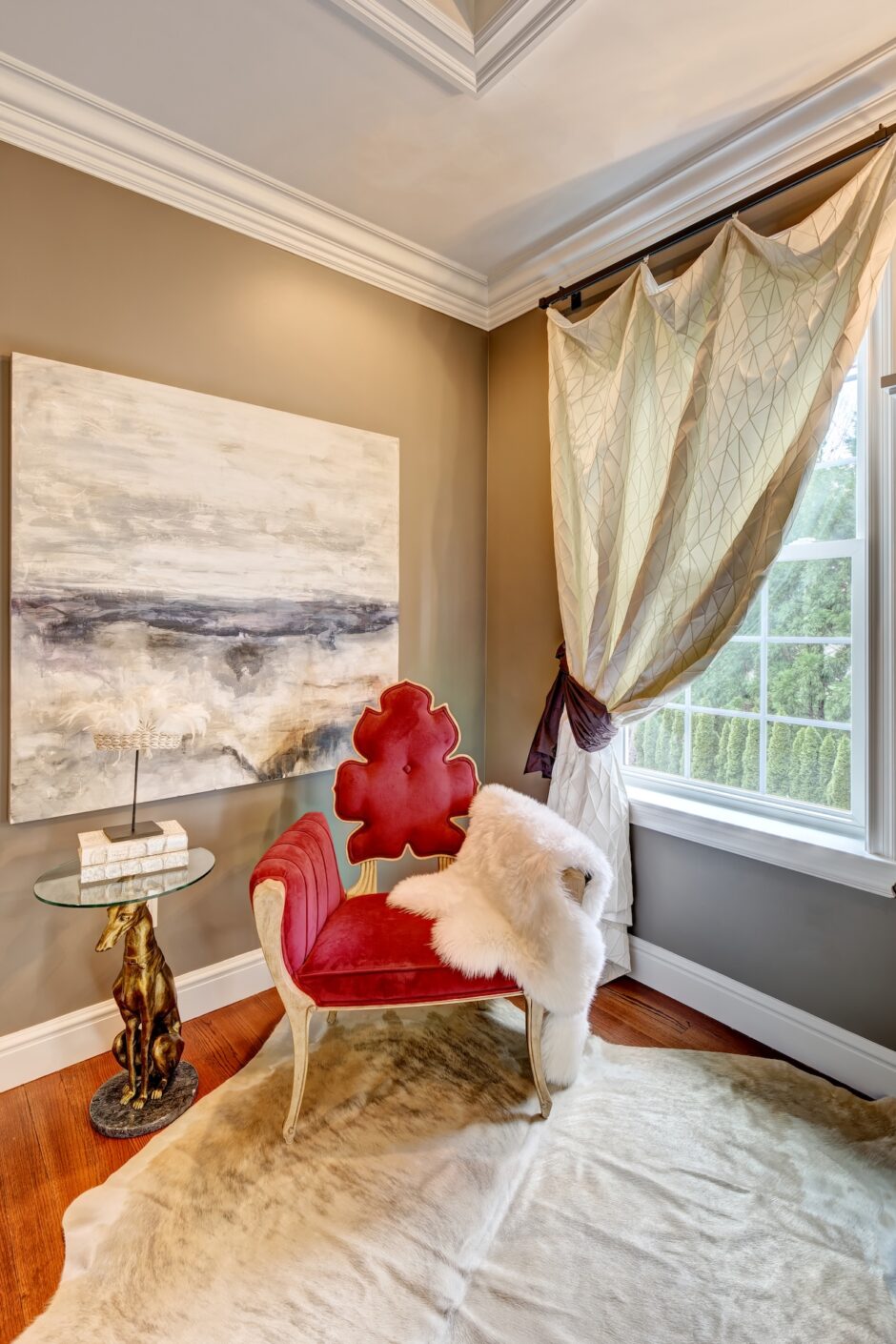 Red Accent Chair With White Fur Blanket